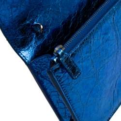 Pre Owned Saint Laurent Metallic Blue Crackled Leather Kate Tassel Wallet on Chain 