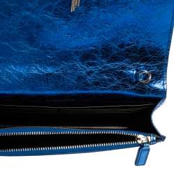 Pre Owned Saint Laurent Metallic Blue Crackled Leather Kate Tassel Wallet on Chain 