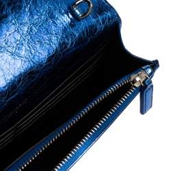 Pre Owned Saint Laurent Metallic Blue Crackled Leather Kate Tassel Wallet on Chain 