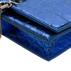 Pre Owned Saint Laurent Metallic Blue Crackled Leather Kate Tassel Wallet on Chain 