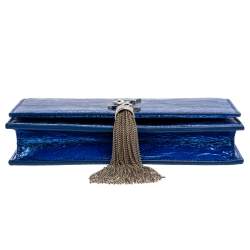 Pre Owned Saint Laurent Metallic Blue Crackled Leather Kate Tassel Wallet on Chain 
