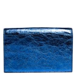 Pre Owned Saint Laurent Metallic Blue Crackled Leather Kate Tassel Wallet on Chain 