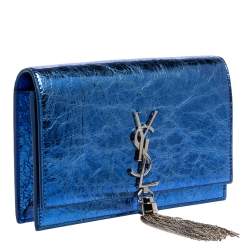Pre Owned Saint Laurent Metallic Blue Crackled Leather Kate Tassel Wallet on Chain 
