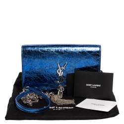 Pre Owned Saint Laurent Metallic Blue Crackled Leather Kate Tassel Wallet on Chain 