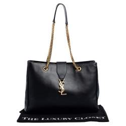 Pre Owned Saint Laurent Black Leather Cassandre Chain Strap Shopper Tote            