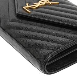 Pre Owned Saint Laurent Black Matelasse Leather Monogram Envelope Wallet on Chain