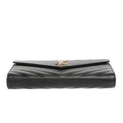 Pre Owned Saint Laurent Black Matelasse Leather Monogram Envelope Wallet on Chain