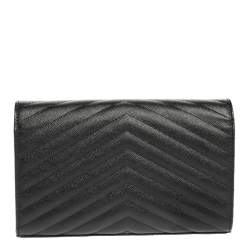 Pre Owned Saint Laurent Black Matelasse Leather Monogram Envelope Wallet on Chain