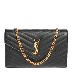 Pre Owned Saint Laurent Black Matelasse Leather Monogram Envelope Wallet on Chain