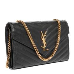 Pre Owned Saint Laurent Black Matelasse Leather Monogram Envelope Wallet on Chain