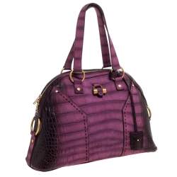 Pre Owned حقيبة سان لوران باريس موس متوسطة جلد نقشة التمساح بنفسجي وجلد نوبوك