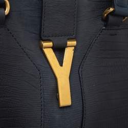 Pre Owned Yves Saint Laurent Navy Blue Lizard Embossed Leather Medium Cabas Y-Ligne Tote