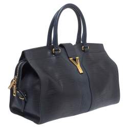 Pre Owned Yves Saint Laurent Navy Blue Lizard Embossed Leather Medium Cabas Y-Ligne Tote