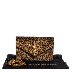 Pre Owned Saint Laurent Beige/Brown Leopard Print Velvet Wallet on Chain