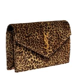 Pre Owned Saint Laurent Beige/Brown Leopard Print Velvet Wallet on Chain