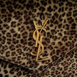 Pre Owned Saint Laurent Beige/Brown Leopard Print Velvet Wallet on Chain