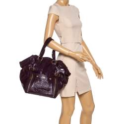 Pre Owned Yves Saint Laurent Purple Patent Leather Large Floral Applique Downtown Tote