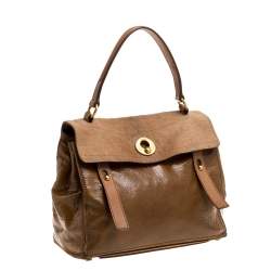 Pre Owned حقيبة ايف سان لوران موسي تو متوسطة سويدي و جلد لامع و شعر عجل بني فاتح