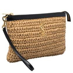 Pre Owned حقيبة كلتش معصم سان لوران جلد وقش سوداء / بيج 