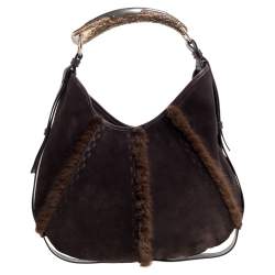 Pre Owned Yves Saint Laurent Dark Brown Suede and Fur Mombasa Hobo