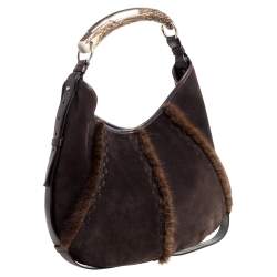 Pre Owned Yves Saint Laurent Dark Brown Suede and Fur Mombasa Hobo
