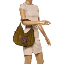 Pre Owned Yves Saint Laurent Olive Green Suede Crest Mombasa Hobo