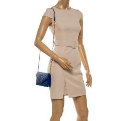 مملوكة مسبقًا Saint Laurent Blue Matelassé Leather Monogram Envelope Wallet on Chain