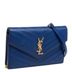 مملوكة مسبقًا Saint Laurent Blue Matelassé Leather Monogram Envelope Wallet on Chain