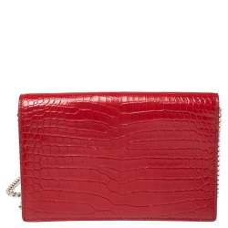 Pre Owned Saint Laurent Red Crocodile Embossed Leather Kate Wallet on Chain