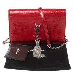 Pre Owned Saint Laurent Red Crocodile Embossed Leather Kate Wallet on Chain
