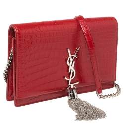 Pre Owned Saint Laurent Red Crocodile Embossed Leather Kate Wallet on Chain