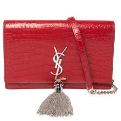 Pre Owned Saint Laurent Red Crocodile Embossed Leather Kate Wallet on Chain