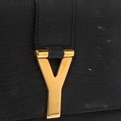 Pre Owned Yves Saint Laurent Navy Blue Lizard Embossed Leather Y-Ligne Clutch