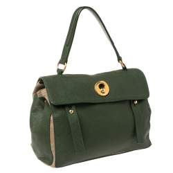 Pre Owned حقيبة سان لوران موس متوسطة كانفاس وجلد بيج / خضراء 