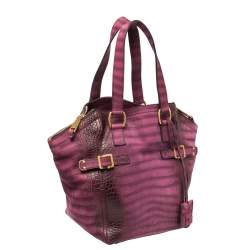 Pre Owned Yves Saint Laurent Purple Croc Embossed Leather Small Downtown Tote