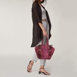 Pre Owned Yves Saint Laurent Purple Croc Embossed Leather Small Downtown Tote