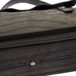 Pre Owned Yves Saint Laurent Pale Green Croc Embossed Leather and Suede Large Muse Two Satchel