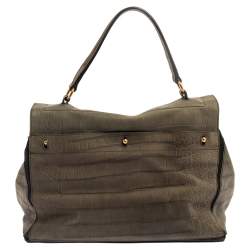 Pre Owned Yves Saint Laurent Pale Green Croc Embossed Leather and Suede Large Muse Two Satchel
