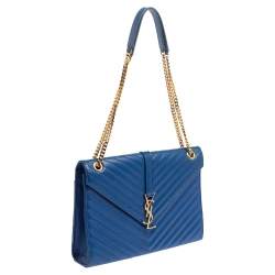 Pre Owned Saint Laurent Blue Matelasse Leather Large Cassandre Flap Bag