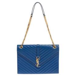 Pre Owned Saint Laurent Blue Matelasse Leather Large Cassandre Flap Bag