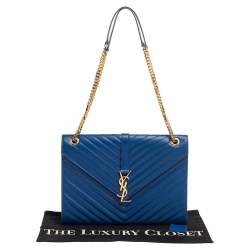 Pre Owned Saint Laurent Blue Matelasse Leather Large Cassandre Flap Bag
