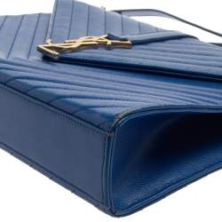 Pre Owned Saint Laurent Blue Matelasse Leather Large Cassandre Flap Bag