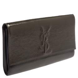 مملوكة مسبقًا حقيبة كلتش سان لوران بل دو جور قلاب جلد لامع أخضر زيتونى