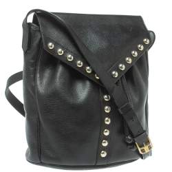 Pre Owned Yves Saint Laurent Black Leather Studded Y Flap Shoulder Bag