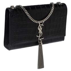 Saint Laurent Black Croc Embossed Leather Kate Monogram Shoulder Bag