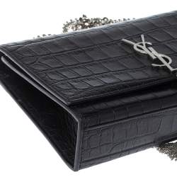 Saint Laurent Black Croc Embossed Leather Kate Monogram Shoulder Bag