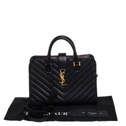 Pre Owned Saint Laurent Black Matelasse Leather Small Monogram Cabas Tote