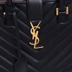Pre Owned Saint Laurent Black Matelasse Leather Small Monogram Cabas Tote