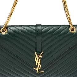 Pre Owned Saint Laurent Green Matelasse Leather Large Cassandre Flap Bag
