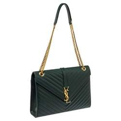 Pre Owned Saint Laurent Green Matelasse Leather Large Cassandre Flap Bag